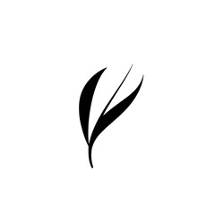 Minimalist illustration of a dark plant leaf silhouette against a clean white background.