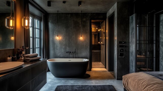 Hotel suite with an open-plan bathroom, featuring a freestanding bathtub and elegant lighting - Powered by Adobe