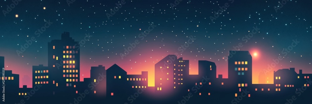 Poster city skyline illuminated at night with artificial light and twinkling stars creating a vibrant atmos