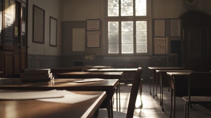 Sunlight Streaming Through Windows in an Empty Classroom with Desks and Papers Awaiting Students in a Quiet Educational Environment