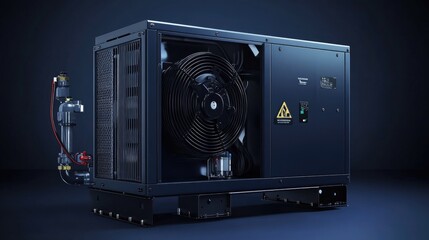 Industrial heat pump compressor system against a bold navy blue background, symbolizing innovation.