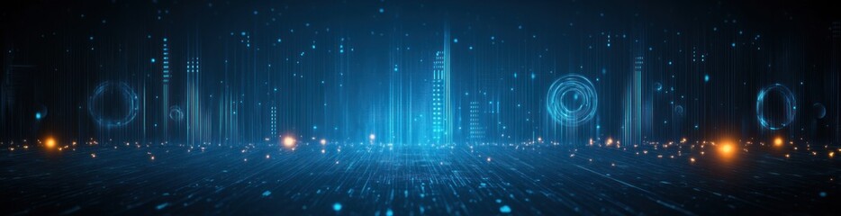 Futuristic Abstract Digital Landscape with Blue Color Light Beams and Geometric Shapes