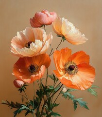 Elegant Arrangement of Soft Pink and Orange Flowers in Impressionist Style for Springtime Decor