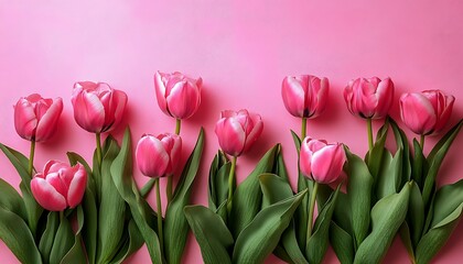 Fototapeta premium Pink tulips, spring flowers, pink background, greeting card