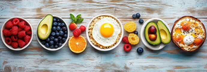 Healthy Breakfast Table Overhead View Avocado Toast Oatmeal Smoothie Bowls Fresh Fruits Yogurt Nutritious Meal