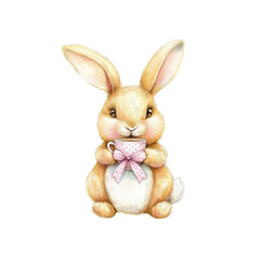 Obraz premium lover coffee watercolor clipart, Cute rabbit holding cup with bow, perfect for spring themes