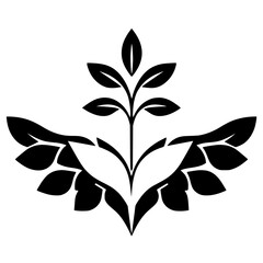 Stylized botanical illustration featuring leaves and flower in a bold black and white minimal style.