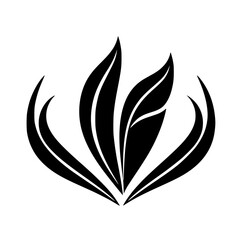Abstract botanical illustration of black leaf shapes, minimalist design with artistic simplicity on a white background.
