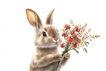 Obraz premium Cute rabbit holding a bouquet of colorful flowers in a bright setting showcasing its playful spirit