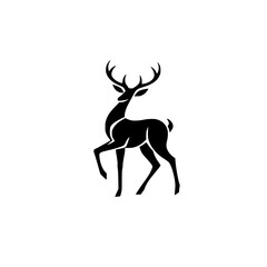 Black silhouette of a deer with antlers on a white background, a stylized illustration, minimalist style.