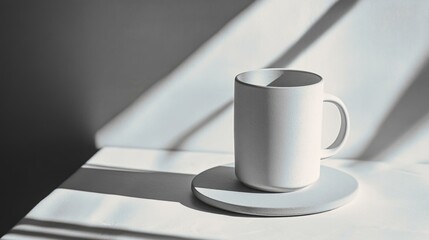 Minimalist white mug on round coaster in soft sunlight, ideal for branding and design mockups.