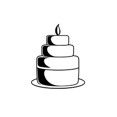 Elegant Minimalist Cake Icon: A black and white vector illustration depicting a four-tiered cake with a single flame atop, set against a clean, white background.