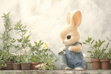 Cute bunny watering plants in a serene garden setting during the morning hours