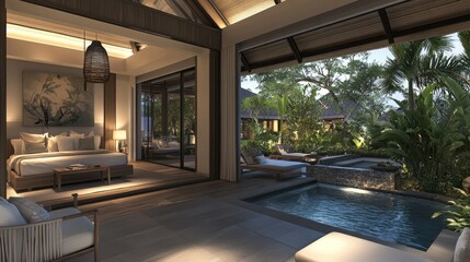 Fototapeta premium Luxury resort room with a private pool, soft ambient lighting, and a tropical garden view