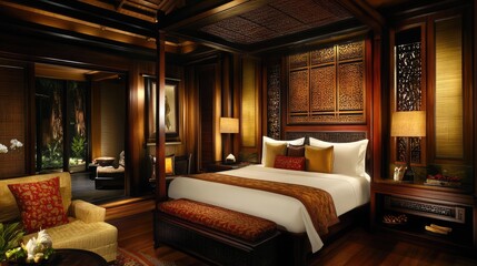 Fototapeta premium Luxury suite with a four-poster bed, elegant lighting, and a cozy seating area