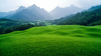 Fototapeta premium Verdant valley, misty mountains, rice paddies, tranquil scene, nature wallpaper