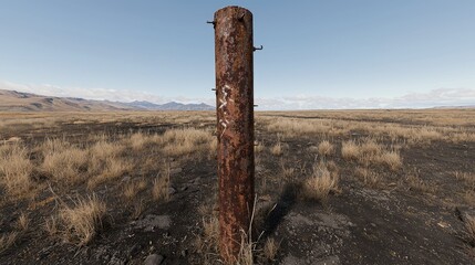 Fototapeta premium Rusty post in desert landscape, background mountains. Use website, texture