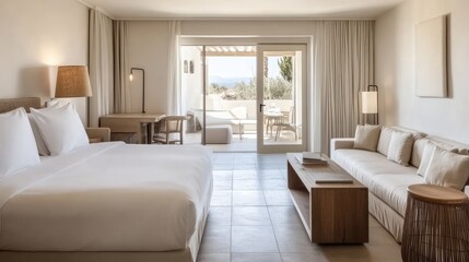 Minimalist hotel room with neutral tones, contemporary furniture, and a spacious layout