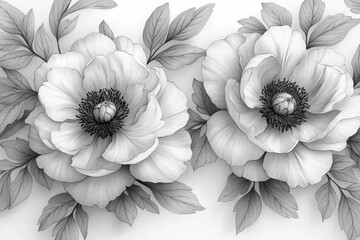 Elegant Monochrome Peony Floral Pattern Seamless Print Vintage Botanical Design