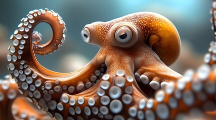 Obraz premium Close Up Portrait Showing A Curious Orange Octopus In Water