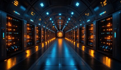Futuristic Cyberpunk Data Center Corridor with Neon Lights and Server Racks