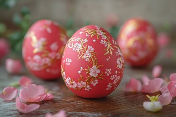 Fototapeta premium Beautifully decorated red Easter eggs with floral designs surrounded by pink petals on a wooden surface
