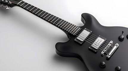 Fototapeta premium Sleek black electric guitar modern studio photography in minimalist setting