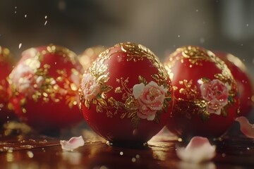 Decorative red eggs with gold accents and floral designs display intricate artistry for a festive celebration in a warm ambiance