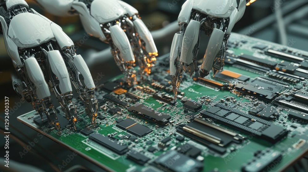 Poster multiple synchronized robotic arms work together, assembling circuit boards with unmatched speed and