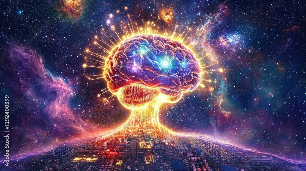 Poster neural circuits extending from a human brain into a glowing motherboard, symbolizing direct brain-co