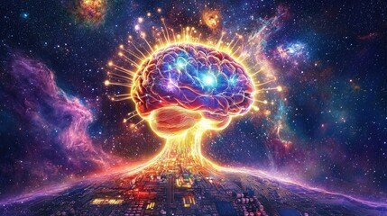 Neural circuits extending from a human brain into a glowing motherboard, symbolizing direct brain-computer communication.