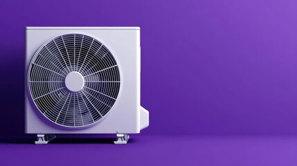 Outdoor air conditioning heat pump against a solid purple background, symbolizing cooling and heating efficiency.