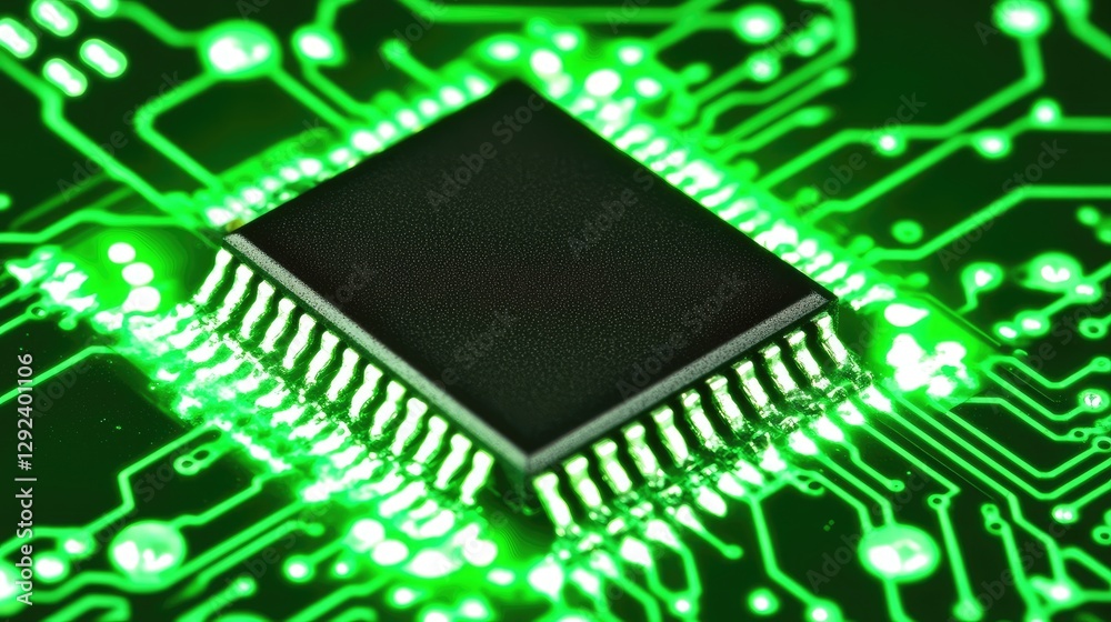 Poster quantum data processing concept visualized with a glowing microchip on a neon green background.