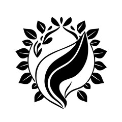 Circular black and white floral logo with a central stylized leaf shape, surrounded by leaves.