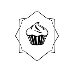 Simple Cupcake Illustration, Geometric Frame, Black and White.