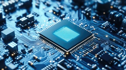 Quantum entanglement-inspired chip design floating on a futuristic metallic silver-blue background.