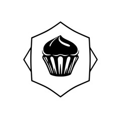 Black and white cupcake logo inside a hexagon frame, minimalistic design, monochromatic, modern.