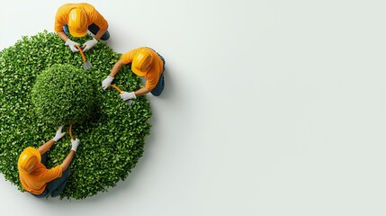 Team of Landscapers Shaping a Lush Green Spherical Shrub