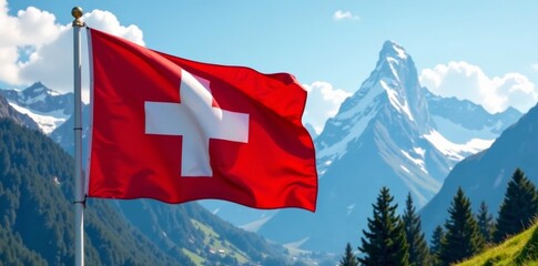 Flag waves in the breeze against majestic Swiss Alps backdrop, alps, wind