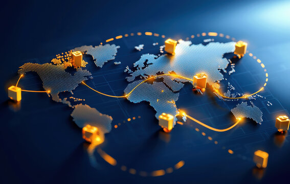 world map with glowing connections and delivery icons representing global logistics and trade
