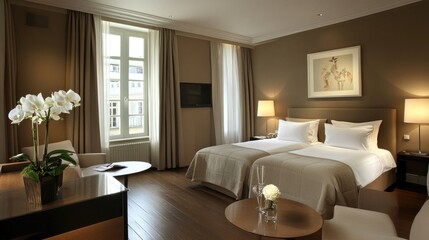 Fototapeta premium Scandinavian-style hotel room with minimalist decor, wooden flooring, and soft neutral colors