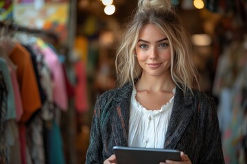 Stylish Woman in Chic Boutique with Tablet Checking Stock and Welcoming Visitors