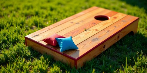 High angle view of corn hole game with bean bags and wooden planks, bean bag toss, furniture