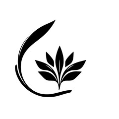 Black minimalist foliage logo, featuring a stylized leaf design and curved elements, in a white background.