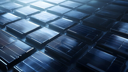 Futuristic 3D Cube Solar Panels Design with Blue Metallic Texture and Geometric Pattern