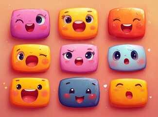 Cartoonish Facial Expressions Collection with Emotions Angry Laughing Smiling Crying Scared Vector Illustration