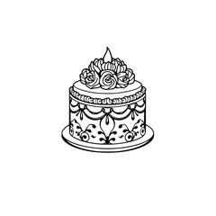 Decorative black and white sketch of a round cake with floral frosting.