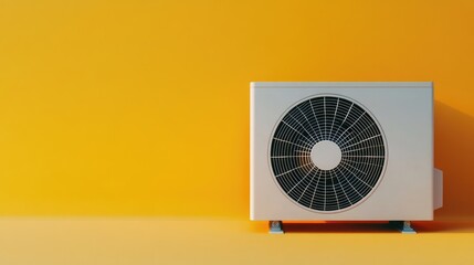 Sleek residential heat pump system on a solid orange background, highlighting energy efficiency.