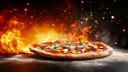 Hot and delicious pizza fresh from the oven, with flames and sparks in the background.