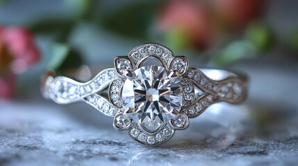 Fototapeta premium Elegant Diamond Ring with Floral Background